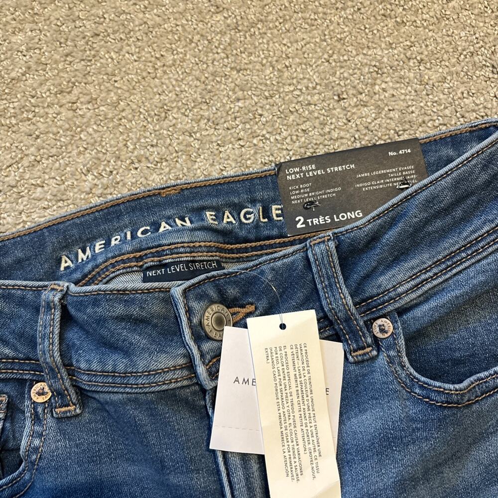 American Eagle Blue Kick Boot Low-Rise Next Level Stretch Jeans Sz 26 X-Long - Picture 2 of 10